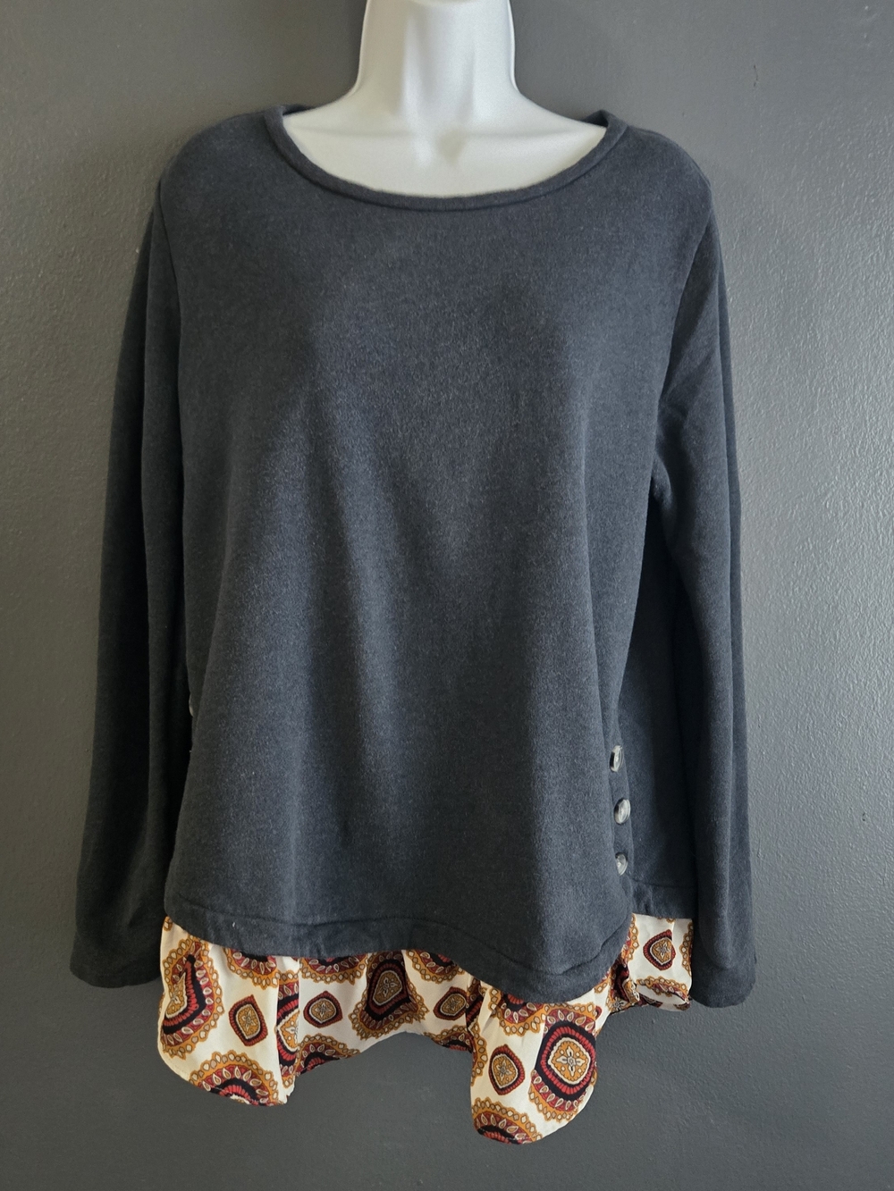 LOFT Medallion Ruffle Mixed Media Cozy Boho Eclectic Blouse L